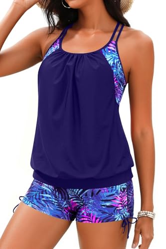 Image of Holipick Tankini Swimsuits Two Piece Tummy Control Bathing Suits Blouson Swim Tank Top with Boy Shorts
