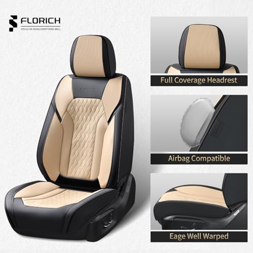 Image of FLORICH Seat Covers, Car Seat Covers Full Set, Luxury Nappa Leather Seat Covers, Breathable and Waterproof Car Seat Protector 5 Seat, Automotive Seat Covers Universal Fit for Most Cars-Black&Beige