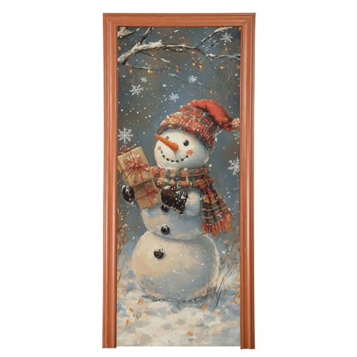 FLildon Winter Snowman Christmas Door Cover Decoration, Party Accessory Porch Decor for Festive Ornament Room Door Covers 32 x 79 Inch