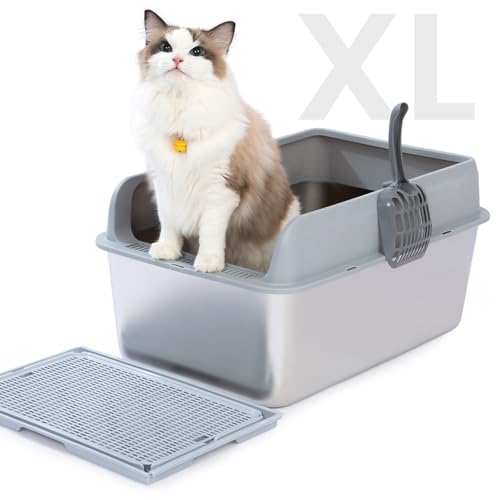 PET MARVEL Stainless Steel Cat Litter Box, Top Entry Metal Litter Box with Lid, Anti-Leakage, Non-Sticky, High Sided, Extra Large Size for Big Cats, Includes Filter Mat & Scoop, Grey