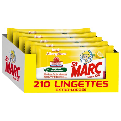 St Marc Lingette nettoyante Désinfectante, Anti-Allergène Compostable & Nettoyante -210 Lingettes Larges antibactérien en Lot de 5, L'emballage peut varier