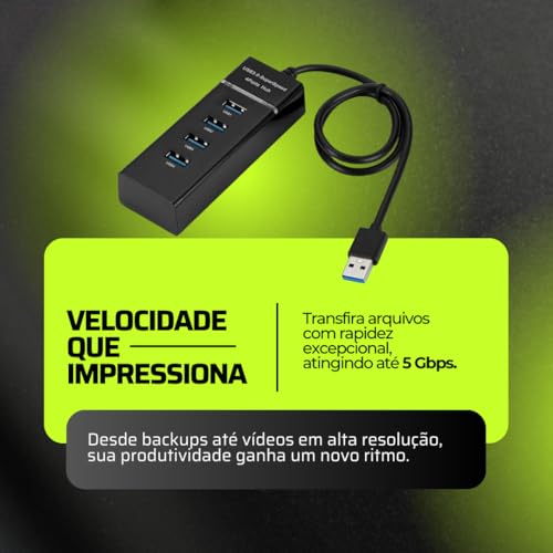 Hub Expansor USB 3.0 com 4 Portas e Super LED – Transferência Rápida até 5Gbps para Notebook, Teclad
