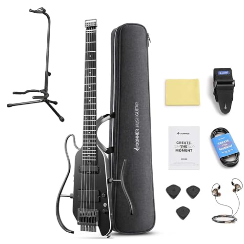 Donner HUSH-X Pro スタンド付きセット ブラック ヘッドレスギター コンパクトエレキギター エフェクト/アンプシミュレーション内蔵 イヤホン出力対応 USB充電 Bluetooth搭載 ドナー
