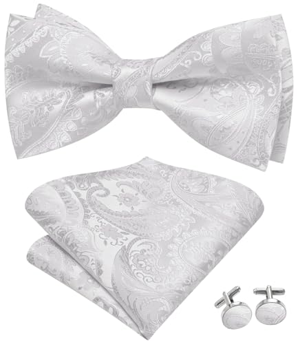 Image of Hi-Tie Bow Tie Men Pre Tied Bowtie Pocket Square Cufflinks Lapel Pin Formal Wedding Bow Ties for Men Party Tuxedo Bowtie Set,White Paisley Floral