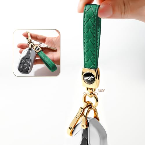 Image of Gkeygo Carabiner Keychain, Universal Heavy Duty Woven Handmade Leather Key Chain, Car Fob Key Keychains with 360 Degree Rotatable Snap Swivel and Anti-Lost D-Ring for Men and Women,Light Gold - Green