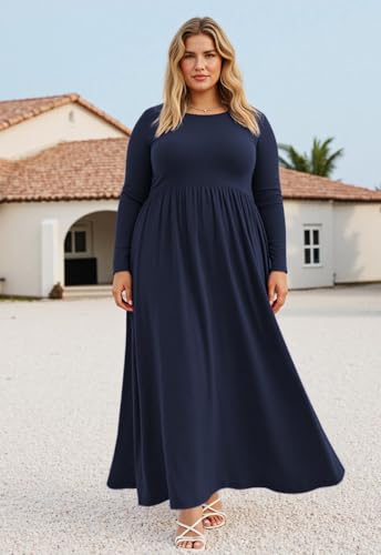 Image of Nemidor Plus Size Maxi Dress for Curvy Women Fall Casual Loose Long Sleeve Dresses with Pocket 14-26