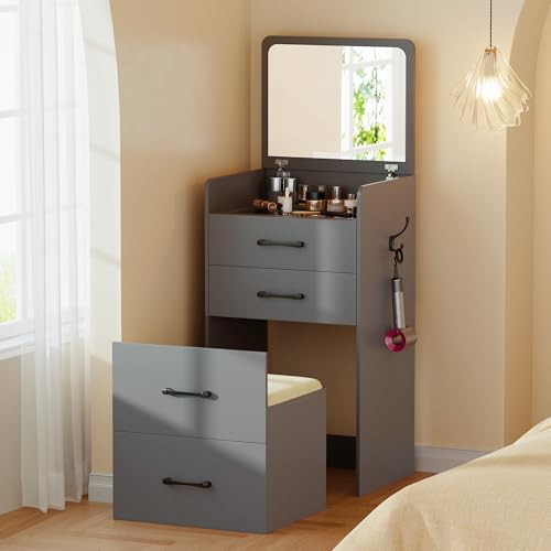 Gurexl 3 in 1 Vanity Desk with Flip Top Mirror for Bedroom,Small Compact Vanity with Visible Glass Desktop for Cloakroom,Makeup Vanity Set with 3 Drawers,Cushioned Stool,Grey