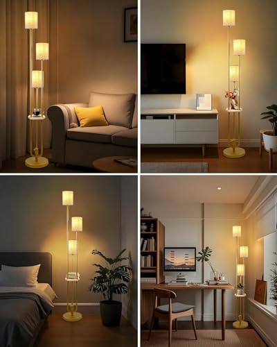 Image of 63 inch Rattan Floor Lamp, 3-Light Gold Standing Lamp with Shelf, Dimmable Mid Century Modern Tall Lamp, 3000K E LED Bulbs Included, Industrial Boho Floor Lamps for Living Room Bedroom Office