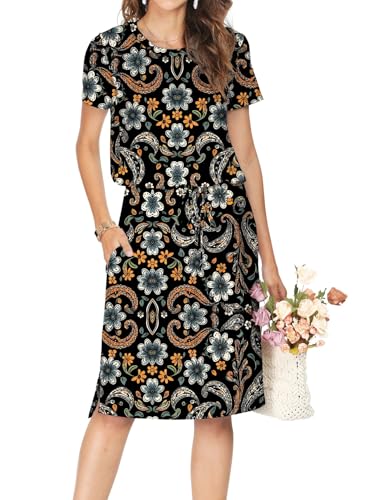Image of Simier Fariry Women Summer Midi Knee Casual Dress Pocket Hide Belly Short Sleeve Spring Work Travel Teacher Outfit
