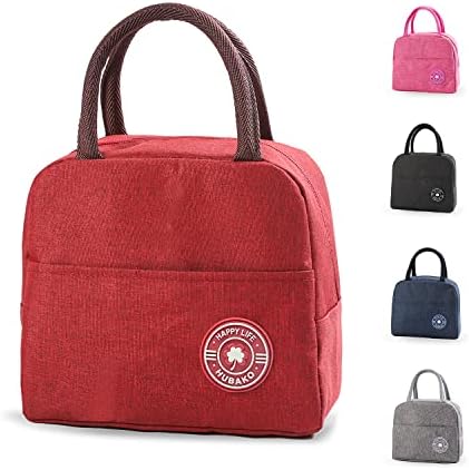 HUBAKO Small Portable Cute Lunch Bag for Kids, Mini Insulated Children Lunch Box Reusable Student Lunch Tote Bag with Front Pocket for Boys Girls, Durable LunchBag for School Picnic Office Work (Red)
