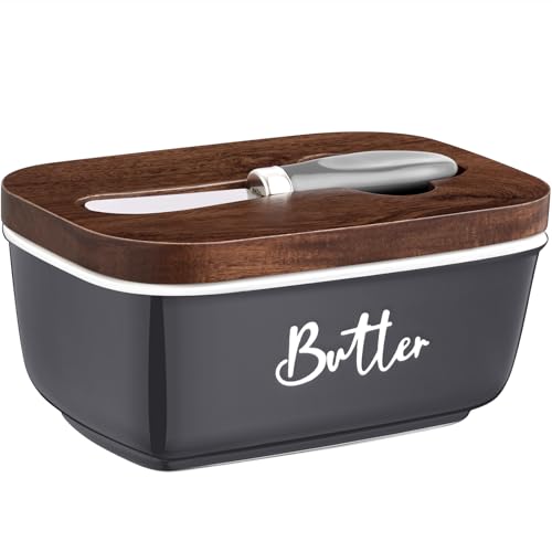 ALELION Ceramic Butter Dish with Lid and Knife for Countertop, Airtight Butter Keeper for Counter or Fridge, Butter Container with Thick Acacia Wood Lid, for Kitchen Decor and Accessories, Gray