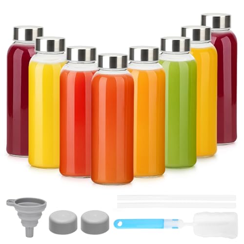 Luxfuel Glass Juice Bottles with Lids 10oz, 8 Pack Reusable
