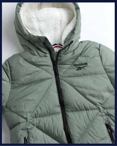 Image of Reebok Girls Heavyweight Quilted Cropped Puffer Parka with Sherpa Lining | Plush Faux-Fur Trim, Wind-Blocking Hood, Deep Pockets for Warm Hands, Modern Silhouette for School and Cold Days