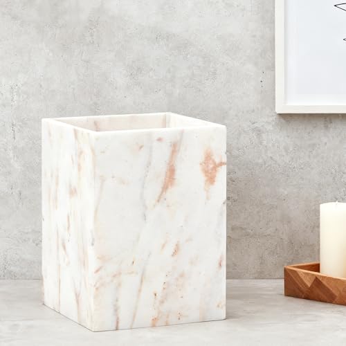 Image of Natural Marble Rectangular Trash Can, 1.9 Gallon /7.2 Liter Garbage Bin, Decorative White Gold Marble Wastebasket, Waste Basket for Bathroom, Bedroom, Home Office, Laundry Room, Kitchen