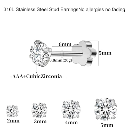 Hypoallergenic 316L Surgical Steel Silver Earrings Set: 4 Pairs 6 Pairs of Flat Back Studs & Hoops with Cubic Zirconia for Women, Various Sizes 6
