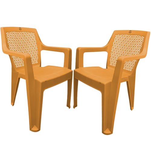 Image of SkyGlamour Cello Sonet Plastic Arm Chair Garden, Home, Living Room, Indoor and Outdoor(Colour: Amber Gold; Set of 2)