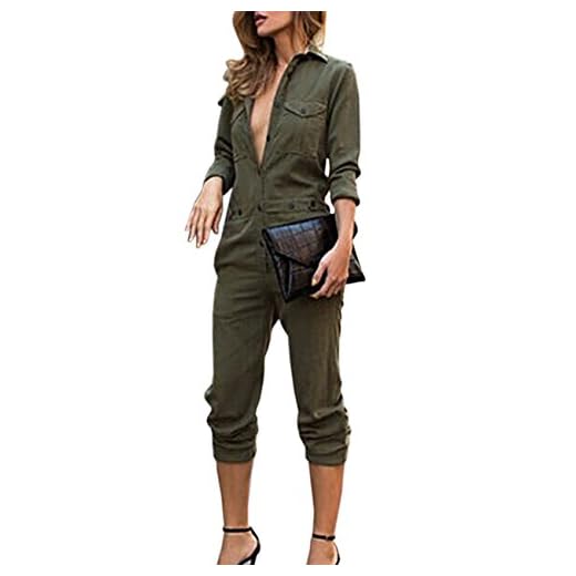 Sexyshine Women's Casual Long Sleeve Sexy Button Down Jumpsuit Long Romper Overalls(AG,XL) Army Green