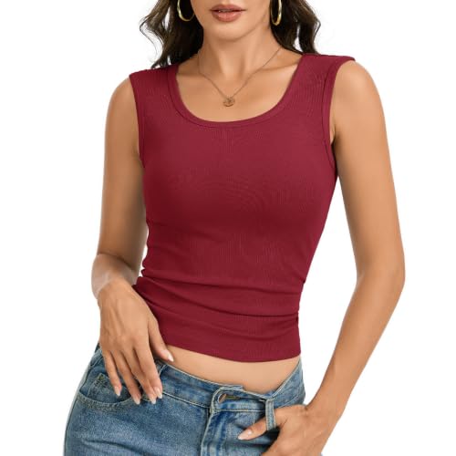 KEEPSHOWING Women Wide Strap Ribbed Cropped Tank Tops Sleeveless Camisole 2026 Summer Trendy Crop Top (RD,M) Red