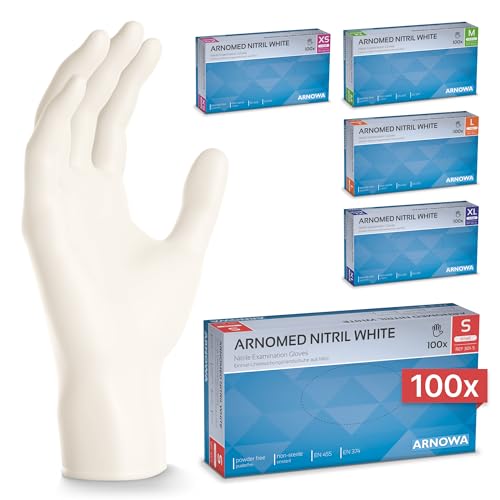 100x ARNOMED® Guanti nitrile S Bianco, Guanti monouso senza polvere e lattice, Guanti plastica usa e getta dermanytril, Per cucina, pulizia casa, alimenti e tattoo XS, S, M, L, XL