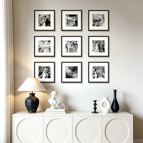 Image of upsimples 12x12 Picture Frame Set of 5, Display Pictures 8x8 with Mat or 12x12 Without, Wall Gallery Poster Frames, Black
