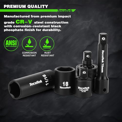 Image of TecoTek 3 /8 inch Drive Impact Socket Set, 49-Piece Standard SAE (5 /16 inch-3 /4 inch) and Metric (8mm-22mm), 6 Point, Cr-V, Extension Bars, 1 /2 inch F to 3 /8 inch M Reducer, Universal Joint and Power Drill Adapter