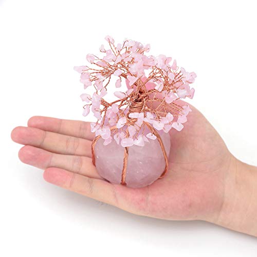 Top Plaza Rose Quartz Healing Crystals Copper Money Tree Desk Office Decor Wrapped On Natural Rose Quartz Base Feng Shui Luck Figurine #TOP2