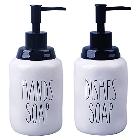 Dishes and Hands Soap Dispenser Set – Farmhouse Style Ceramic Liquid Dispenser Bottles, Perfect for Kitchen Counter or Kitchen Sink Décor (16oz, White Bottles with Black Pump and Lettering) Cover