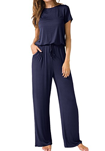 LAINAB Womens Casual Long Sleeves O Neck Wide Legs Playsuits Jumpsuits Deep Blue M