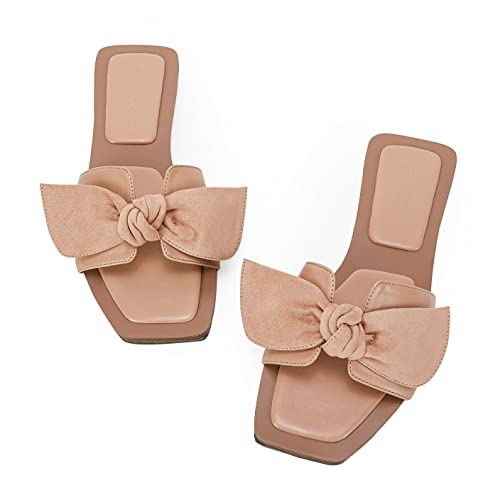 LAICIGO Womens Slip on Bow Sandals Dressy Comfortable Flat Sandals Square Toe Summer Slides