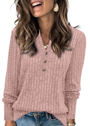 Winter Clothing for Women Long Sleeve Shirts Fashion V Neck Sweaters Casual Tops Rose Pink