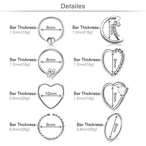 QWALIT 16g 20g Daith Earrings Heart Moon Daith Piercing Jewelry for Women Tragus Hoop Surgical Steel Helix Cartilage Earring Hoop CZ Small Hoop Earring Silver Rose Gold3
