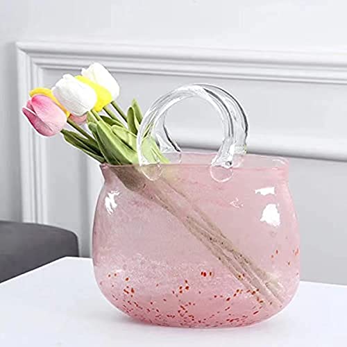 EdirFtra Jarrón de Vidrio Rosa, decoración de Puntos Rojos, jarrón en Forma de Bolso de Vidrio Creativo, para decoración de Bodas en la Sala de Estar, jarrón de Bolsa 23 × 26 cm