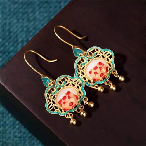 Boucles d'oreilles émail chinois vintage et pompon fluide