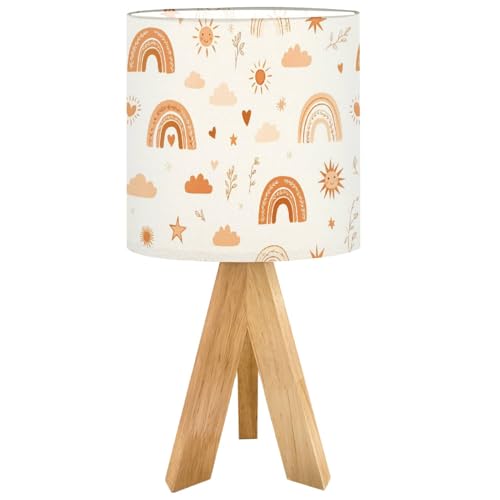 Lámpara de mesa de noche trípode con base de madera y pantalla de lino