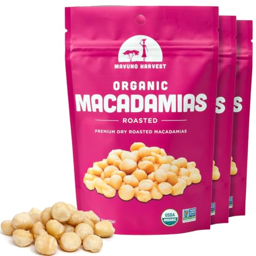 Mavuno Harvest Organic Roasted Macadamia Nuts | Dry Roasted Whole Macadamia Nuts | Vegan, Non GMO Healthy Snacks for Kids and Adults | Office Friendly Work Snack | 4 Ounce, Pack of 3