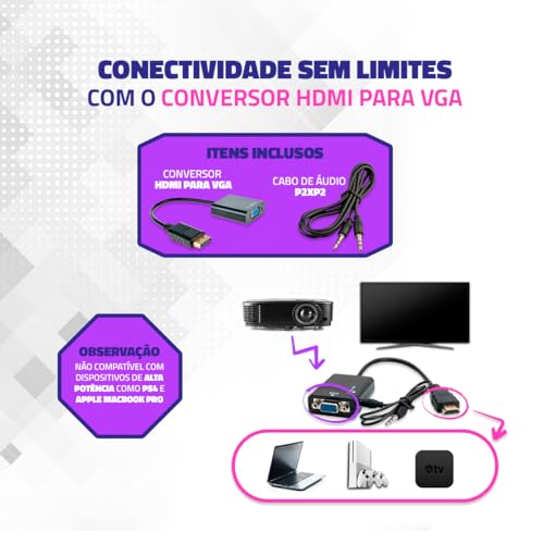 Cabo Conversor Adaptador Hdmi Para Vga Com Saída P2 Áudio e Vídeo