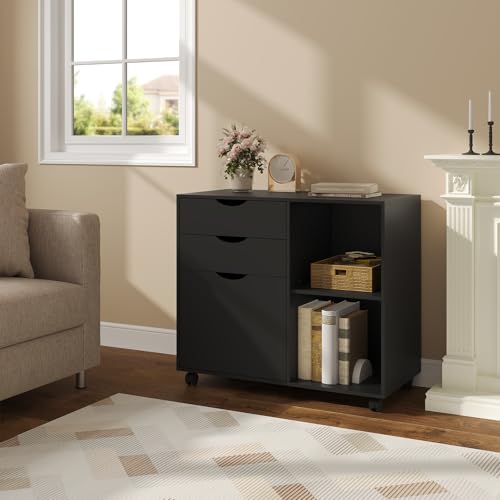 WOLTU Archivador Móvil, Cajonera de 3 Cajones y 2 Estantes Abiertos, con 5 Ruedas y Barra Colgante, Armario de Oficina para Carpetas y A4, 80x39,5x69,5 cm, Negro - imagen 9