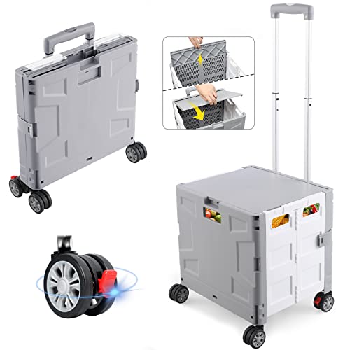 Folding Utility Cart Chariot de magasinage Pliable avec Pliage Couverte Couverte Pliable résistant à 360 ° Route de Rotation et poignée réglable Chariot Durable pour Les achats de Voyage(Gray&White) Cover