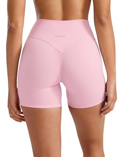 INGIA Womens High Waist No Front Seam Scrunch Butt Biker Shorts 5 Inches V-Back Scrunch Booty Gym Workouts Milk Pink Small
