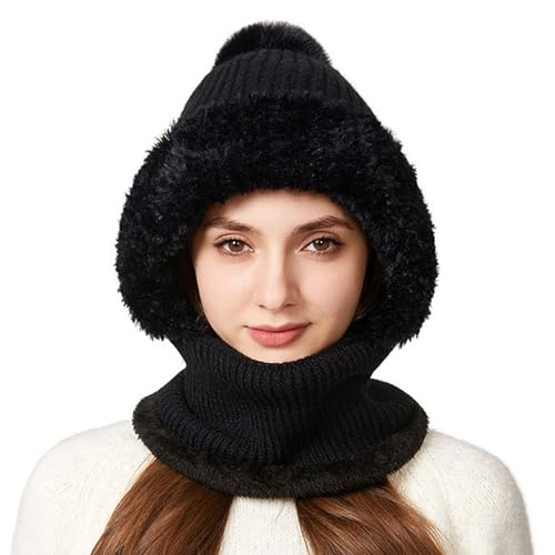 Cagoule de plein air pour femme avec bonnet à pompon et masque réglable pour le ski