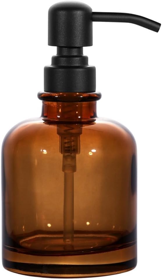 CHBKT 12oz Thick Amber Glass Soap Dispenser with Rustproof Matte Black Stainless Steel Pump - Boston Round Bottle for Kitchen Bath Oils