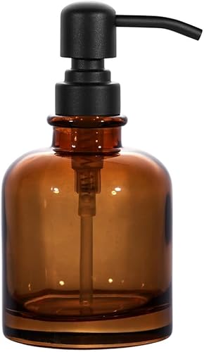 Dispensador de jabón en tarro de vidrio ámbar grueso con bomba de acero inoxidable negro mate, dispensador de botellas redondas Boston de 12 onzas
