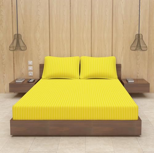 Image of BEVI - Home Premium Self Striped Double King Bedsheet Without Pillow Cover 300 TC Ultra-Soft 300 TC Microfiber Bed Sheet| Size (90 inch x 100 inch) Yellow