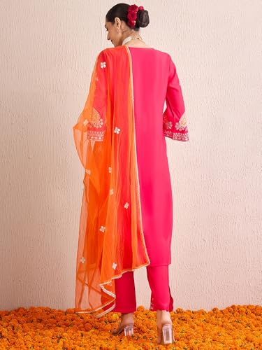Image of INDO ERA Women's Silk Blend Embroidered Straight Kurta Pant with Dupatta