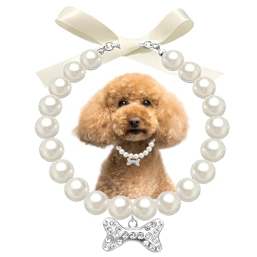 Dog Pearl Necklace White Rhinestones Bone,Bling Diamond Crystal Princess Jewelry for xs s Small Puppy Kitten Pets Dogs