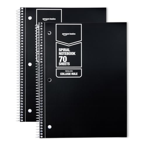 Image of Amazon Basics College Ruled Spiral Notebook, For Work and School, 70 Sheets, 8 inch x 10.5 inch, Black, 2 pack