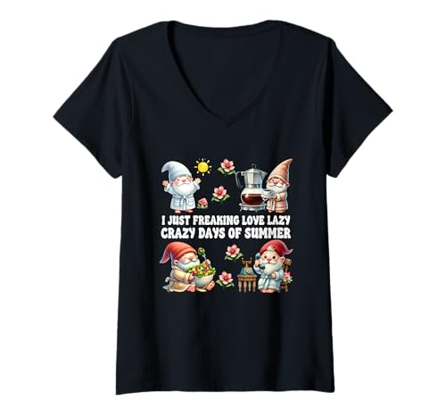 Womens Lazy Crazy Days Of Summer Gnomes For Family Funny Vacation V-Neck T-Shirt