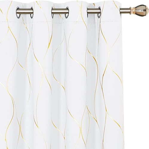 Deconovo Gold Wave Foil Printed 50% Blackout Curtains, Room Darkening Grommet Curtain, Thermal Insulated Window Drapes for Kids Room (52W x 54L Inch, Set of 2 Panels, Pure White)
