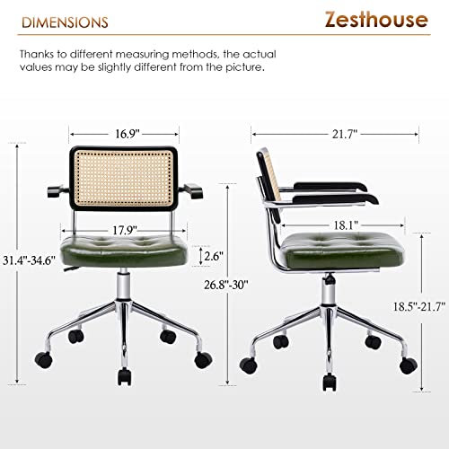Image of Zesthouse Modern Home Office Chair Leather Desk Chair with Rattan Back, Vanity Chair for Girls Women, Upholstered Tufted Swivel Armchair for Bedroom, Height Adjustable Computer Task Chair
