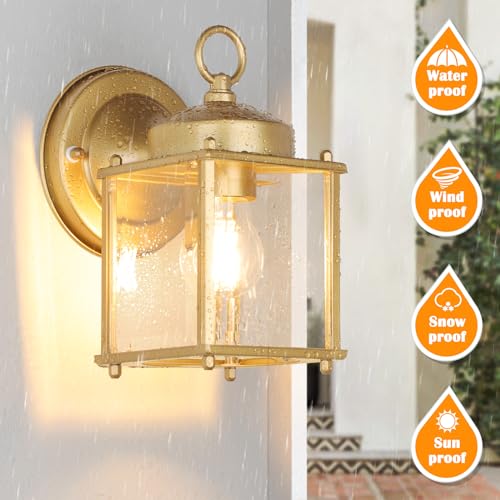 Image of MATAMEYE Outdoor Wall Lantern, Exterior Waterproof Wall Sconce Light Fixtures, Gold Front Door Lighting with Clear Beveled Glass Shade, 2 Pack